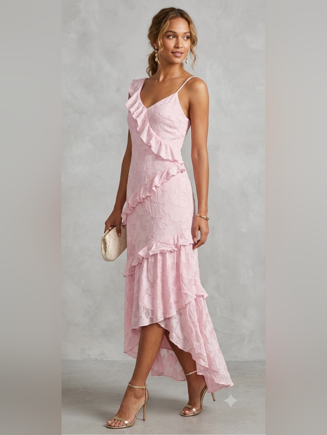 Bhldn Pale Pink One-Shoulder Ruffle Maxi Dress